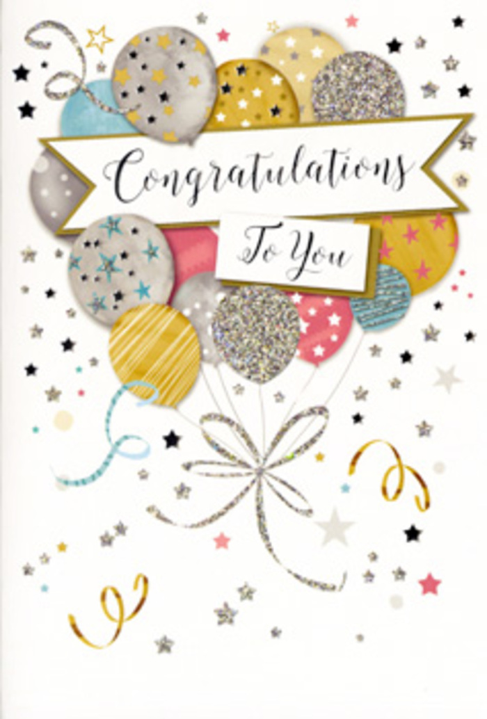 The congratulations card shown here is thoughtfully composed to evoke a sense of graceful festivity, like a carefully curated celebration in a South Woodford home. At its heart, a bouquet of illustrated balloons rises and overlaps, forming an airy, rounded cluster. The colour palette is gentle yet sophisticated: soft metallic gold and silver mingle with champagne cream, powder blue, tender blush, and light grey, creating a soothing harmony that feels both modern and timeless. Each balloon is adorned with refined patterns-tiny shimmering stars scattered like distant constellations, slim stripes that curve with the balloon's shape, and delicate dots or glittery accents that add quiet sparkle. Slender strings in matching metallic tones stream from the balloons, falling in elegant curls and loops that recall the decorative finishes often tied by expert florists on congratulatory bouquets headed for nearby addresses off Hermon Hill. A flowing banner slides horizontally across the cluster, bearing the message "Congratulations" written in graceful, looping script that suggests care and genuine pride in the recipient's accomplishment. All around, the pale background is animated by scattered metallic stars, swirling ribbon motifs, and hints of confetti, giving the impression of a celebration suspended in mid-air-joy captured at its brightest. The artwork suggests a tactile richness, with areas of raised glitter and smooth, glossy ink highlighted against matte cardstock, inviting touch as much as sight. The overall mood is one of warm, polished celebration, ideal for accompanying flowers sent to mark a promotion, graduation, new home, or any milestone that deserves special acknowledgement in and around South Woodford.