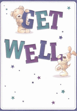 Reminiscent of the warm greetings found on South Woodford's peaceful avenues, this get well card features a delightful duo-a cuddly teddy bear, plush and round, gently clutching 'GET', and a loyal puppy nestled affectionately below, balancing the vibrant 'WELL'. Their playful, animated shapes radiate kindness and hope, reflected in the confident blend of deep purple and teal that colours the bold text. Scattered stars, twinkling in blue and violet, echo the sense of magic found in a stroll through Roding Valley Park, imbuing the clean white background with a bright sense of possibility. The scene's tactile qualities are unmistakable: you can almost feel the textures beneath your fingertips, from the bear's soft fur to the puppy's velvety ears-all inviting a sense of comfort akin to receiving a fresh bouquet at your South Woodford doorstep. Every element conveys thoughtful intent, mirroring the care with which Florist South Woodford selects blooms for neighbours recovering nearby. This card's innocent warmth and gentle optimism make it a meaningful companion to a lovingly delivered floral arrangement, sure to brighten any difficult day.