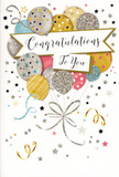 This image features a sophisticated congratulations card whose design centres on a joyful bouquet of balloons, illustrated with the care and balance of a well-arranged floral display. The balloons gather in a loose cluster, rounded and gently luminous, coloured in a palette of champagne gold, brushed silver, soft pink, airy blue, and cool grey that feels calm yet celebratory-much like the relaxed elegance of South Woodford's tree-lined streets. Each balloon is unique, decorated with fine patterns of shimmering stars, slender stripes, and delicate speckles that create a sense of depth and soft movement, as though each one represents a different treasured achievement. From their bases, thin golden and silvery strings fall downwards in graceful curves, overlapping like cascading ribbons on a hand-tied bouquet prepared for delivery to an address near George Lane or the local green spaces. A smooth banner drifts across the middle of the design, gently arched and carrying the word "Congratulations" in flowing calligraphy that feels heartfelt but refined. Surrounding this central arrangement, the pale background is sprinkled with miniature stars, curling ribbons, and confetti-like accents that dance lightly around the balloons, suggesting the lingering excitement of a party just after the big news has been shared. The artwork hints at tactile contrasts-silky cardstock, areas of raised glitter that catch both light and fingertips, and glossy ink that glints subtly as the card is turned. Overall, the card radiates a sense of warm pride and joyful admiration, perfectly suited to partner with a fresh floral gift for celebrating exam success, promotions, or personal milestones for someone special in South Woodford.
