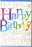 In this close-up image, a joyful birthday card commands attention, much like a bright bouquet displayed in the window of Florist South Woodford on a busy afternoon. Centre stage is the message "Happy Birthday," rendered in impressive, oversized letters that run in a gentle arc across the card. Each letter shines with its own rich hue, creating a rainbow sequence that moves from deep red to orange, yellow, green, turquoise, blue, and violet. The colours are saturated yet smooth, with subtle blending at their edges so that no single tone feels abrupt. This careful gradation mirrors the way a skilled florist might arrange flowers by colour, creating a soft, harmonious flow in a celebratory arrangement. The print surface seems sleek and slightly reflective, suggesting a card that would feel smooth and substantial between the fingers. Behind this bold rainbow greeting, the background is a soft, creamy tone, completely overlaid with delicate gold script. The words "Happy Birthday to you" are written again and again in a flowing, cursive style that sweeps diagonally across the card, lending a lyrical rhythm, almost like the familiar tune sung in a cosy South Woodford living room as candles flicker on a cake. The gold ink glimmers gently rather than flashing harshly, giving the design a touch of sophistication. Tiny dots and miniature star shapes in coordinating colours are scattered like confetti around the main text, adding a light-hearted sparkle and a sense of movement, as if the festivities are already underway. The overall mood feels inclusive and warm, suitable for any age, from a child's party near the High Road to an adult's milestone celebration. It is the kind of card that would stand proudly among presents and flowers, capturing the essence of a happy birthday in South Woodford.