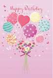 This birthday-themed artwork feels like a pastel daydream floating above South Woodford, where balloons and blooms unite in a tender celebration. The scene is set against a soft pink background, cosy and comforting like the interiors of a favourite cafe on George Lane. At the bottom, a hand-tied bouquet forms a welcoming focal point. Delicate roses and anemone-like blossoms cluster together, their petals layered and feathery in tones of creamy ivory, blush, and muted mauve. You can almost sense their gentle fragrance, as if they've just been arranged for a doorstep delivery in the E18 area. A violet satin bow wraps around the stems, catching the light and adding an elegant, finishing touch. Rising from this floral base, a series of pastel balloons floats upwards in a loose, playful grouping. Each balloon has its own unique decoration: some are adorned with swirling candy-coloured stripes, others sparkle with whimsical polka dots, and one heart-shaped balloon at the centre radiates quiet affection. The colours-soft pink, seafoam green, buttery yellow, and delicate lavender-blend harmoniously, mirroring the bouquet's palette and enhancing the sense of unity. Light reflects gently on the balloons' curved surfaces, giving them a realistic shine and subtle sense of movement, as if stirred by a breeze from nearby green spaces. Tiny stars and butterfly-like accents are sprinkled through the composition, lending a touch of storybook magic without distracting from the main elements. Overall, the image conveys warmth, joy, and care, like an illustrated echo of a birthday gift thoughtfully prepared and delivered across South Woodford by a florist who understands how to make every celebration feel special.