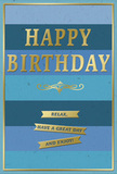 In this scene, a stylish birthday card stands upright, bathed in soft, natural light as if placed near a window in a South Woodford home. The card's face is covered in wide, horizontal stripes that transition smoothly through a spectrum of blue. At the top is a deep, contemplative navy, which gradually melts into rich ocean blue, then into cool teal, and finally into a light, airy sky blue near the bottom. The transition is gentle, giving the impression of layered skies or distant horizons such as you might glimpse from a quiet spot near Epping Forest. Centered across this calm blue background, the phrase "HAPPY BIRTHDAY" appears in large, embossed gold capital letters. The metallic gold glows softly, reflecting light in a way that adds warmth without overwhelming the eye. Just beneath this main greeting lies an elegant golden flourish, its looping lines suggesting traditional penwork and bringing a sense of timeless style to the design. Below the flourish, three slender gold banners are stacked neatly one under another. Each banner forms part of a continuous, kind-spirited wish: "Relax, have a great day and enjoy!" Their tidiness and clarity bring balance to the composition. A fine gold border traces around the very edge of the card, framing the blue stripes and drawing attention back to the central message. The interplay of cool blues and warm gold creates a relaxed yet celebratory mood, making the card an ideal partner to a hand-delivered bouquet from a local South Woodford florist-something you might find waiting on a hallway table, ready to bring gentle happiness to a birthday morning.